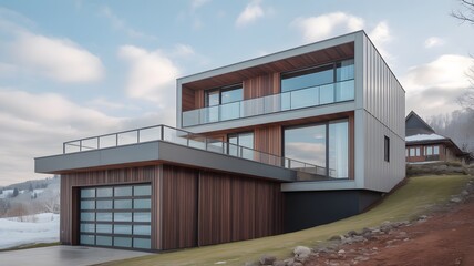Fototapeta premium Modern Luxury House with Glass Garage and Scenic Hilltop View
