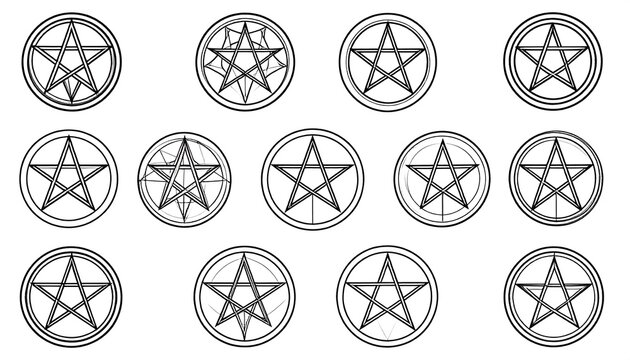 Collection of pentagrams in circles.  Geometric designs