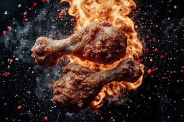Hot chicken legs with flames and dynamic energy.