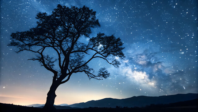 Silhouette of tree against starry night sky - Powered by Adobe