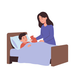 Obraz premium A caring mother tends to her sick child with a fever, placing a warm compress on his forehead as he rests in bed, showing love and concern.
