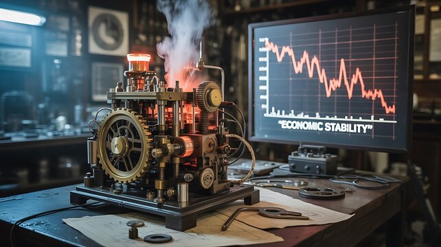 Steampunk machine with glowing core and falling economic graph gears