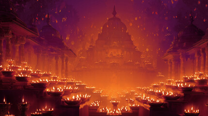 Traditional Maha Navami banner, image of Sandhi Puja rituals with 108 lamps lit