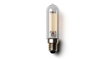A clear glass tube light bulb with a metal base on a white background in a studio setting light