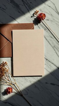 Elegant card with shadow patterns on marble table showcasing autumn florals