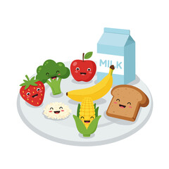 A delightful cartoon illustration showcases a variety of healthy foods, including fruits, vegetables, and dairy, all smiling and arranged on a plate.