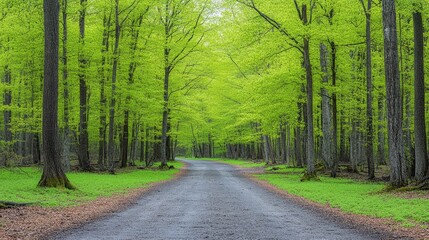 Obraz premium Lush Forest Path: A scenic, winding path invites exploration through a vibrant forest, its trees adorned with lush green foliage, creating a sense of peace and natural beauty.