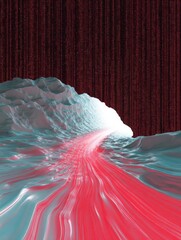 Abstract digital art piece with a red and blue color scheme. the background is a deep red color with small white dots scattered throughout.