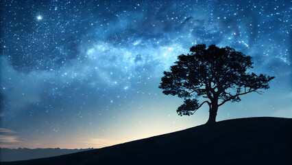 Tree on hill under a star-filled night sky