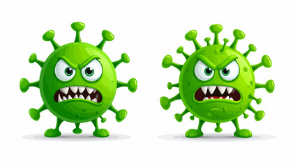 Fototapeta premium Two cartoonish, angry green viruses, depicted with menacing expressions and sharp teeth, stand side-by-side against a plain white background.