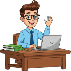 Cartoon office worker using laptop at desk with books, pencils, and raised hand gesture, vector illustration isolated on white background
