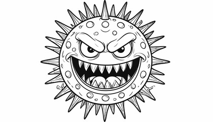 A cartoon illustration of an angry virus or germ with sharp spikes, menacing eyes, and a wide, toothy grin.