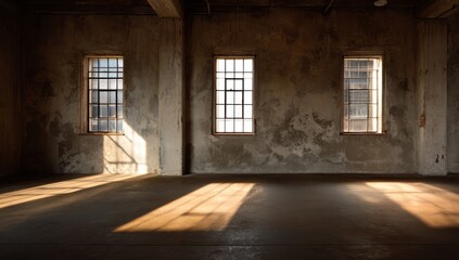 A large concrete wall with several windows in an old factory, with sunlight shining through the window frames onto the floor, creating shadows on it. 