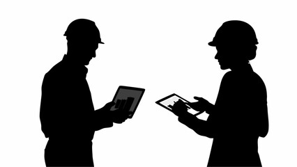 Silhouette of two engineers with hard hats examining data on tablets against white background scene view