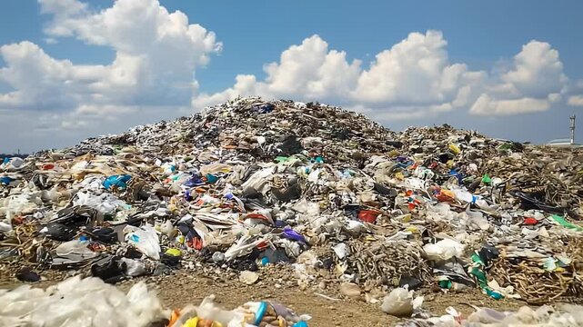 Massive landfill with plastic waste under a bright sky