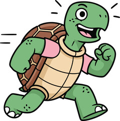 Cartoon turtle running in pink shirt with happy expression, green body, brown shell, motion lines, vector illustration isolated on white