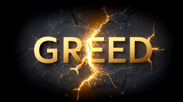 The word GREED shattering into pieces, representing the breaking of selfish desire and the triumph of inner peace.