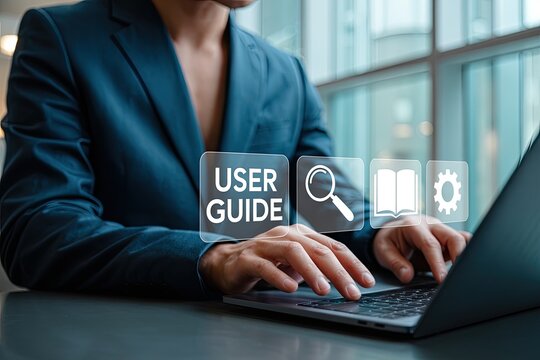 Person using a laptop with a digital interface displaying user guide search book and settings icons for information and support