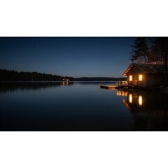 Fototapeta premium Serene lakeside cabin illuminated at twilight, reflecting softly on calm water.