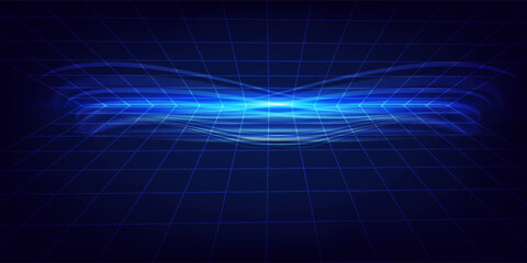 Futuristic digital landscape with dynamic blue motion lines and grid.