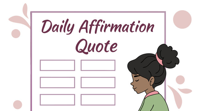 A young woman with her hair in a bun contemplates a daily affirmation quote board with six blank spaces for writing positive messages