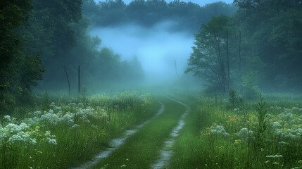 Obraz premium Misty Pathway Through Wilderness: A solitary pathway snakes its way into a verdant landscape veiled in ethereal mist, inviting contemplation.