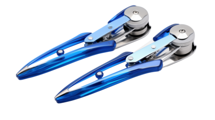 Close up of two blue and silver metal tools against a black background