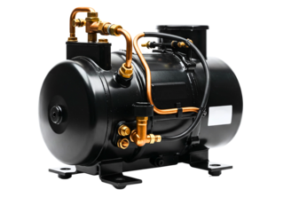 Black industrial air compressor machine isolated on transparent background