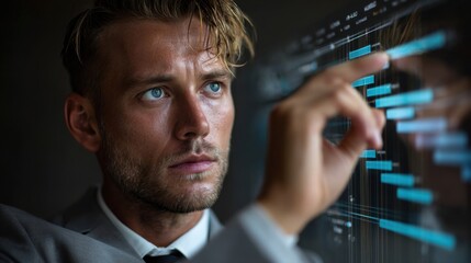 Analyzing data trends business meeting room digital interface modern environment close-up view technology insights