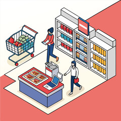 Grocery Store Checkout with Digital Screen and Product Display
