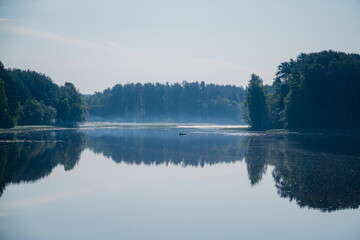 Obraz premium Early morning calm blankets the lake as mist rises, creating a peaceful atmosphere among trees