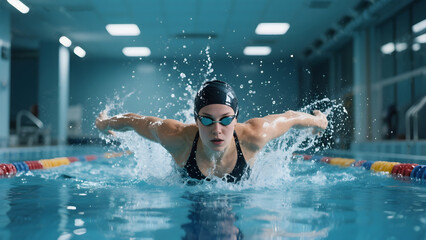 Focused Female Athlete Swimming The