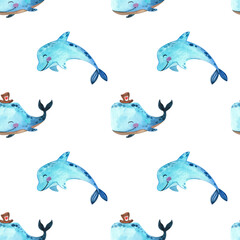 Fototapeta premium Seamless watercolor pattern with cute underwater animals. Funny illustration with dolphins and whales. For decorating children's rooms, holidays, postcards