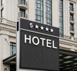 Obraz premium Five-star hotel entrance sign displayed prominently before a modern building.