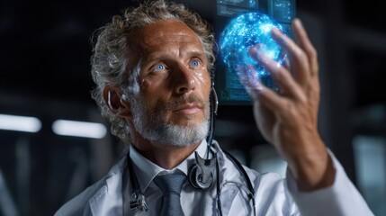 Innovative scientist analyzing data laboratory digital art futuristic environment close-up view technology concept