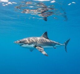 Obraz premium A great white shark gracefully swims in the clear, blue ocean depths.