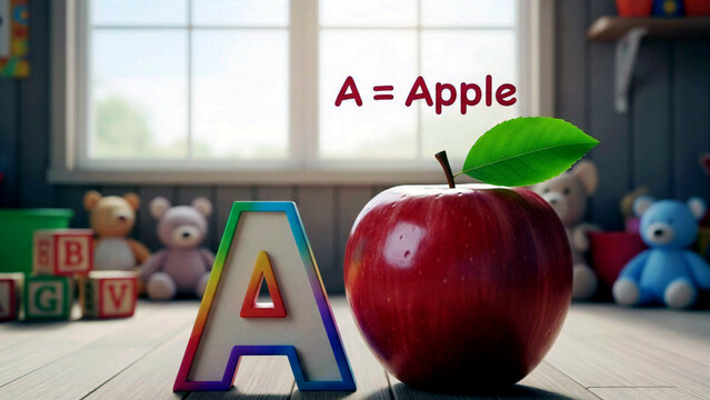 3D letter A and red apple in colorful classroom for preschool alphabet learning
