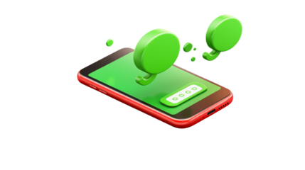 Red phone with green screen and chat bubbles on a black background rendering