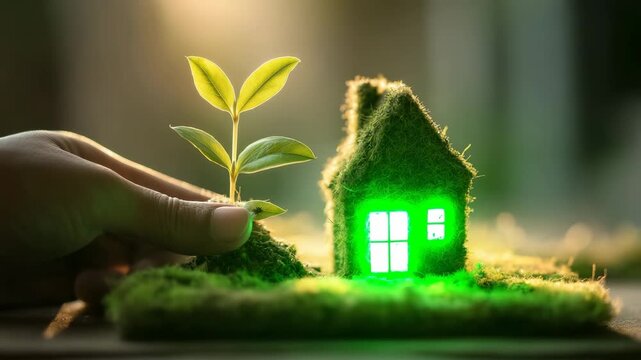 Nachhaltiges Mooshaus mit Keimpflanze auf einer Hand im Sonnenlicht. K&uuml;nstliche Intelligenz KI