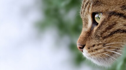 Obraz premium Close up profile of a tabby cat's face with green eyes and striped fur