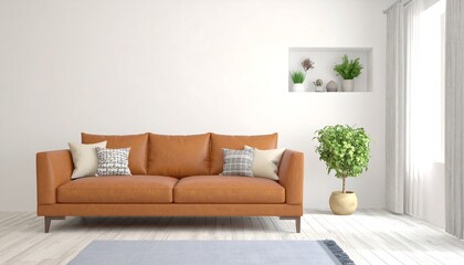 Modern Living Room Interior with Sofa, Plants, and Natural Light Decoration