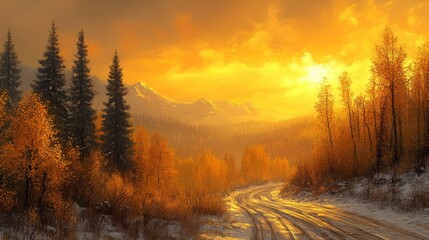 Golden Hour Vista: Witness nature's artistry as a winding road carves through a vibrant, snow-kissed autumn landscape, illuminated by the warm embrace of the golden hour. 