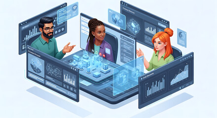 Diverse team collaborates remotely via video conferencing, sharing data on multiple screens.