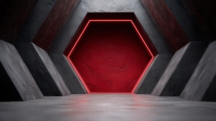 Dark concrete tunnel with red hexagonal neon light and textured walls 49