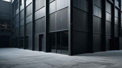 Obraz premium Modern Industrial Building with Dark Facade and Large Windows