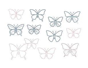 Collection of simple line art butterflies in muted tones