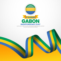 Gabon independence day greeting card, square banner background with warving ribbon flag