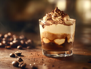A beautifully presented tiramisu in a glass topped with whipped cream and cocoa powder surrounded by