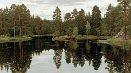 Fototapeta premium Serene forest scene with a tranquil lake reflecting tall pine trees and a cloudy sky