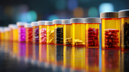 Rows of pill bottles and capsules on a reflective surface, emphasizing organization and health care